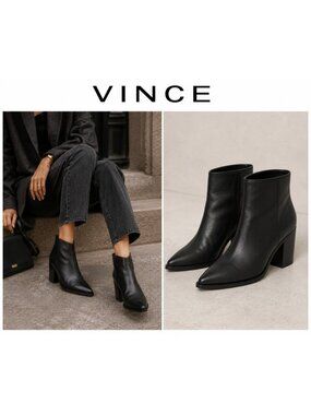 VINCE Made in Italy Black Leather Pointed Toe Block Heel Ankle Boots 7.5